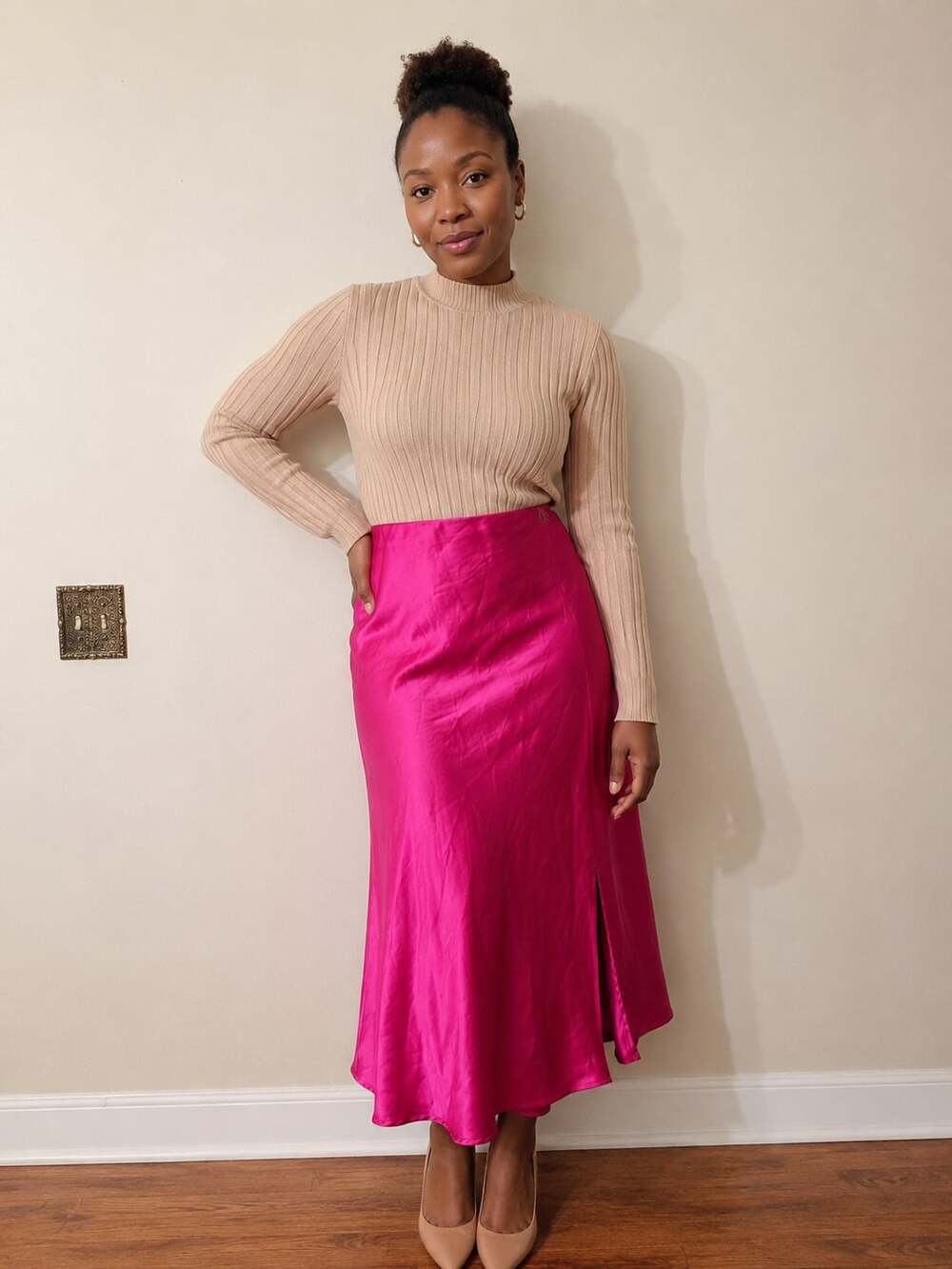 Renee C Pink Satin Midi Skirt 3XL Made in USA Side Slit Plus Size Fuchsia - Picture 1 of 7